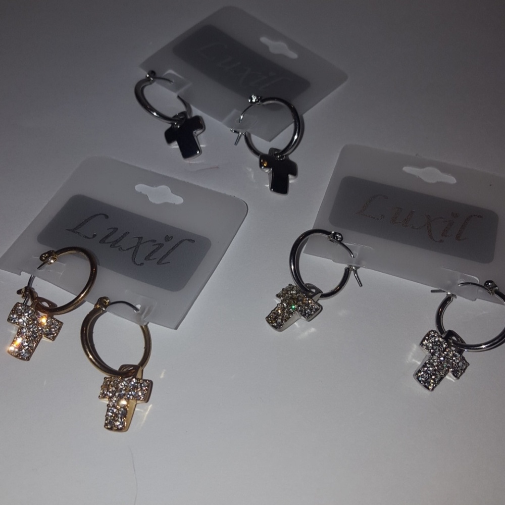 Rhinestone or plain silver Cross hoop earrings